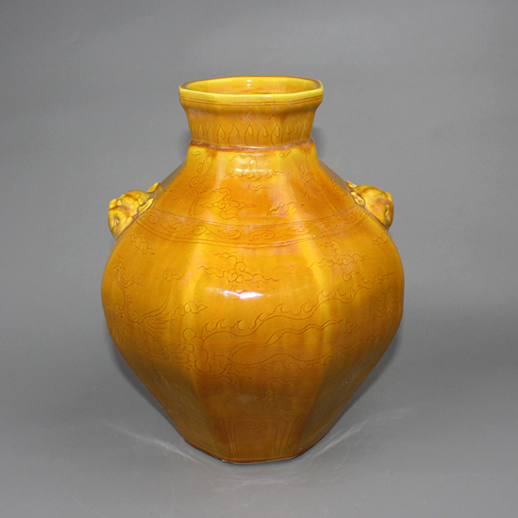Mindai yellow glazed painting tap dog head jar imitation unearthed ancient playing antique collection boutique swing piece ancient porcelain Jingdezhen