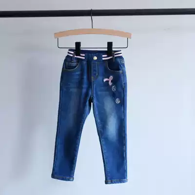 50% off clearance~Winter children's clothing Girls large and medium children plus velvet denim elastic waist stretch jeans Dark blue