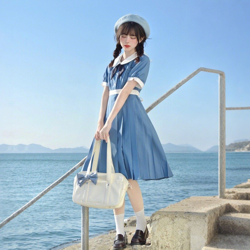 Sakura Family Jk Uniform Dress [Daisy Story] Cyan Blue Sweet Summer Outfit Short Sleeve Set for Women