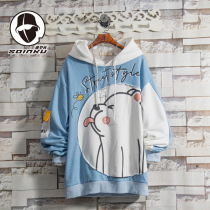 soinku White blue bear hooded sweater coat mens spring and autumn new trend loose casual versatile clothes