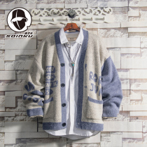 soinku Spring and Autumn new letter cardigan sweater mens coat wear personality trend student sweater coat