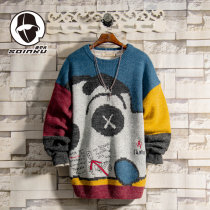 soinku Japanese Tide brand color embroidery cartoon pattern sweater mens autumn and winter trend Hong Kong style round neck sweater