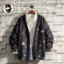 soinku Tide brand Starry Sky Full print cardigan sweater mens spring and autumn ins Port wind loose casual knitwear clothes