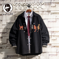 soinku Tide brand embroidered kitten denim jacket mens spring and autumn loose trend casual Japanese shirt jacket