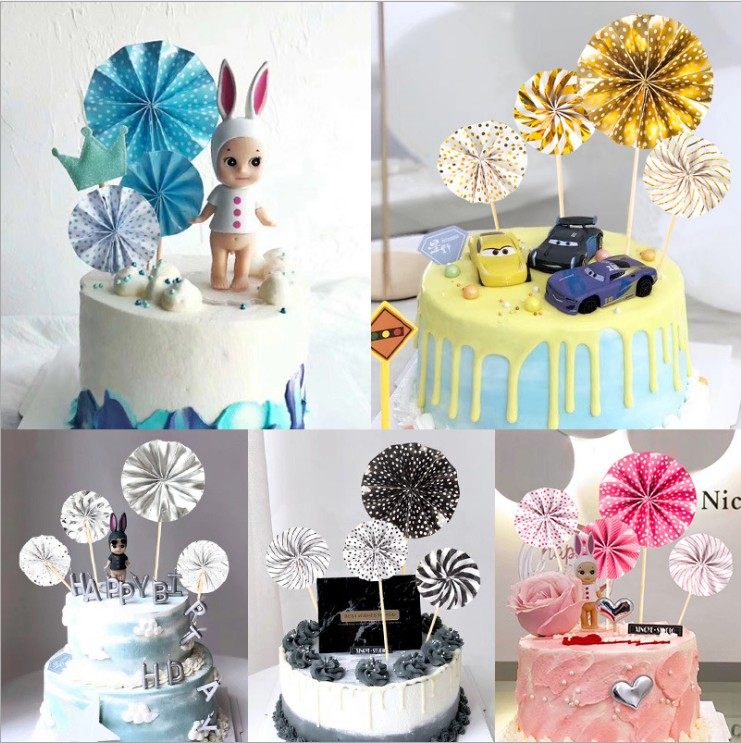 Ins Wind Gold And Silver Toner Blue Black Folding Fan Sunflower Paper Fan Flowers Birthday Cake Decoration Plug-in 4 pieces