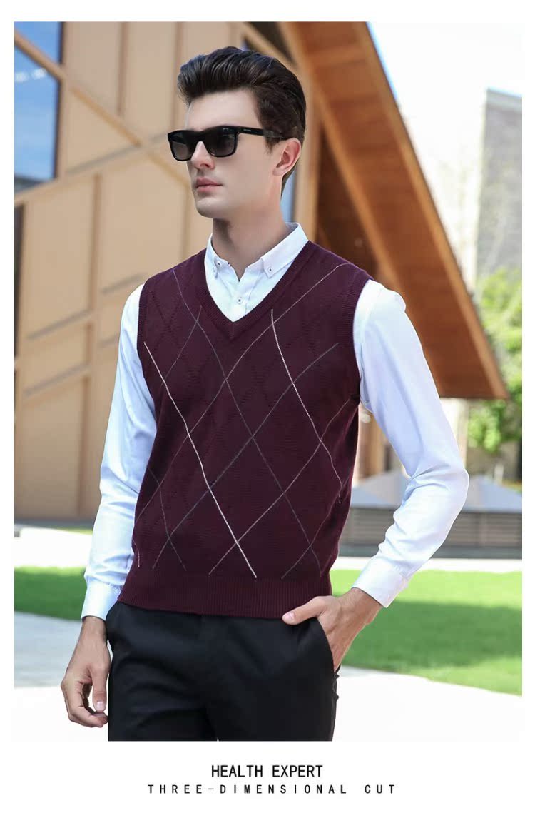 Burke Long Men Dệt kim Vest Set Kinh doanh Áo len cổ chữ V Vest trung niên Áo liền thân màu ấm áo len hàn quốc