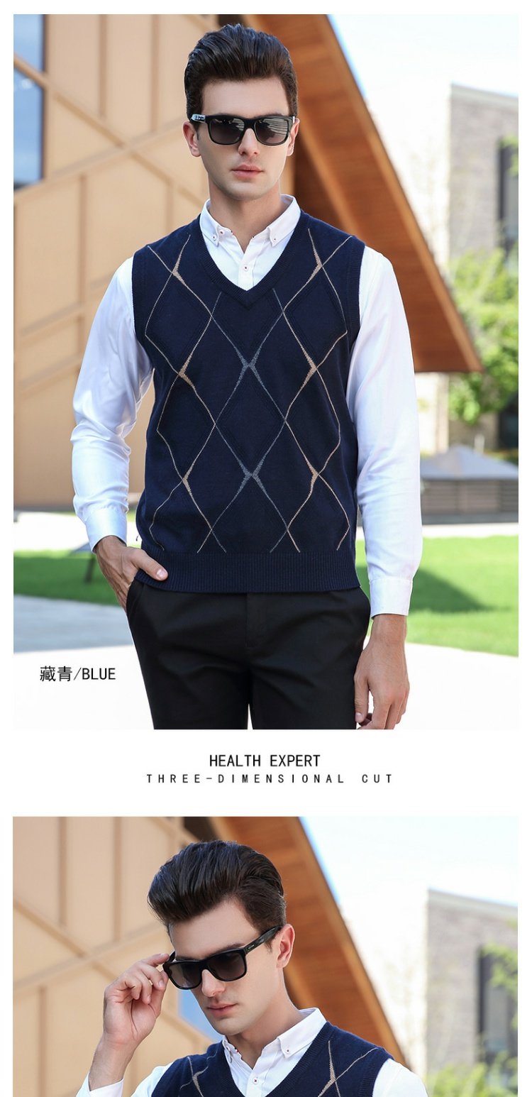 Burke Long Men Dệt kim Vest Set Kinh doanh Áo len cổ chữ V Vest trung niên Áo liền thân màu ấm áo vest nam