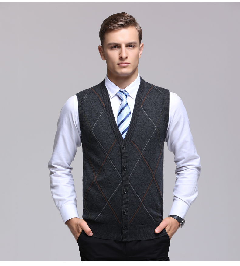 Berkron nam vest áo len cardigan V-Cổ slim business vest nút lưới ấm áo len