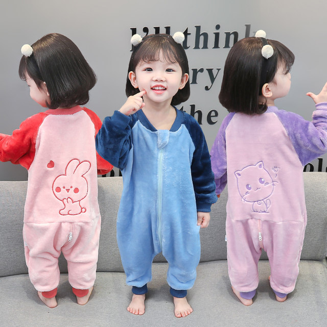 Children's one-piece pajamas baby autumn and winter plus velvet thickened flannel home clothes coral fleece baby anti-kick sleeping bag