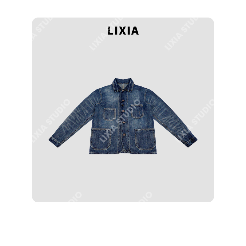 Lixia【Old Alley Evening Breeze】Old Money Light Luxury Style Retro Workwear Washed Denim Jacket with Turn-Down Collar-D11206