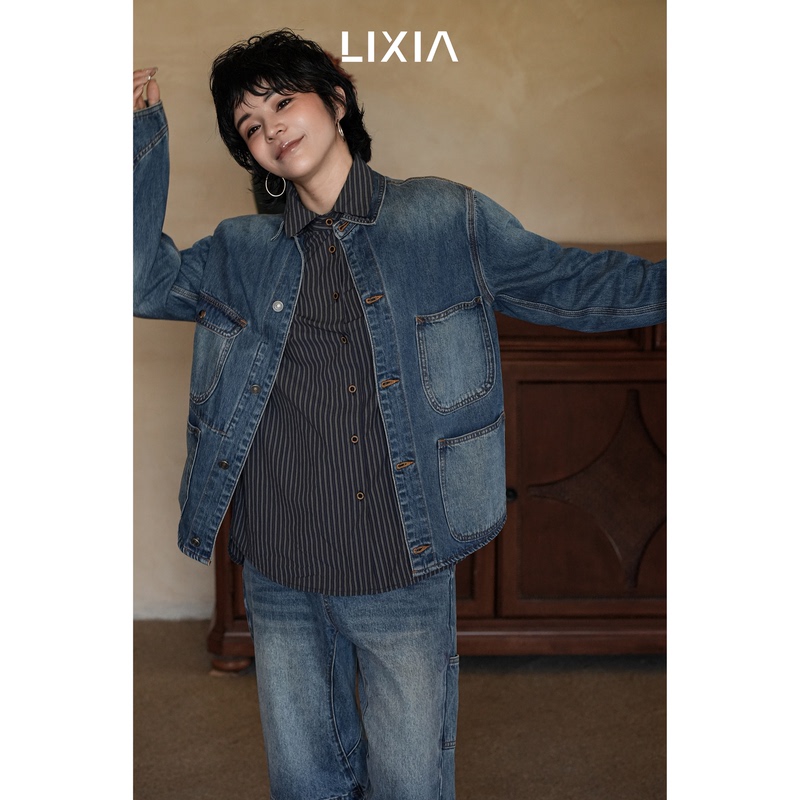 Lixia【Bai Ran】Faded Gradient Effect, Vintage-Style Lazy Design, Heavy-Duty Denim Jacket-D12705