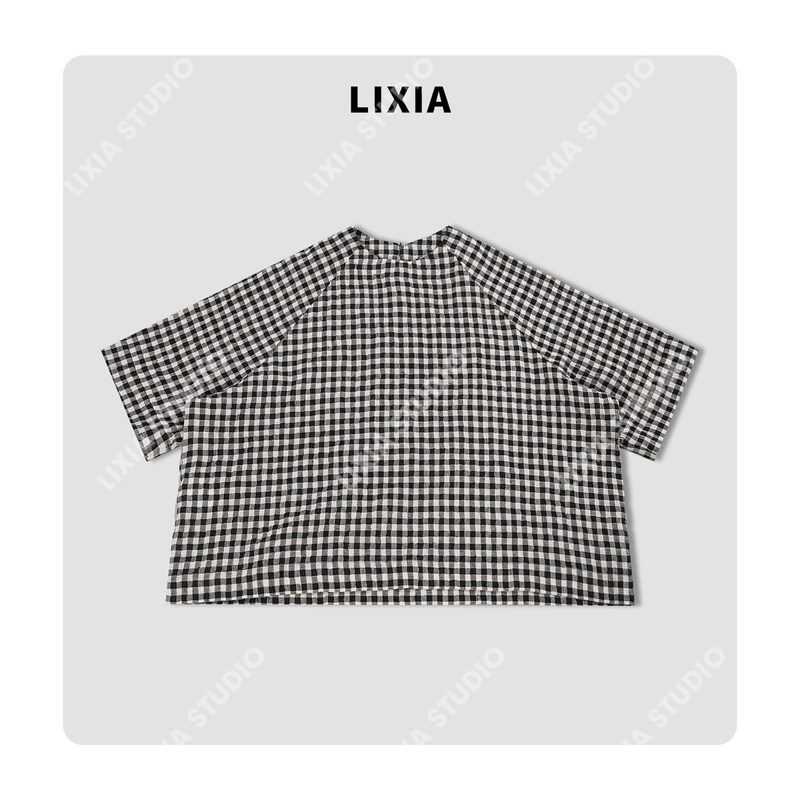 Lixia【Ge Wu】British Korean Style Ins-Style Classic Black and White Checkered Versatile Short-Sleeve Shirt-D12002