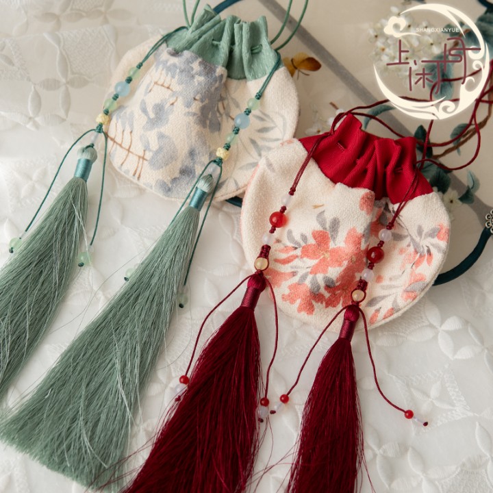 Shang Leisure Moon Full Court purse ancient style Hanfu accessories ink printing women's sachet bag handmade tassel finished product