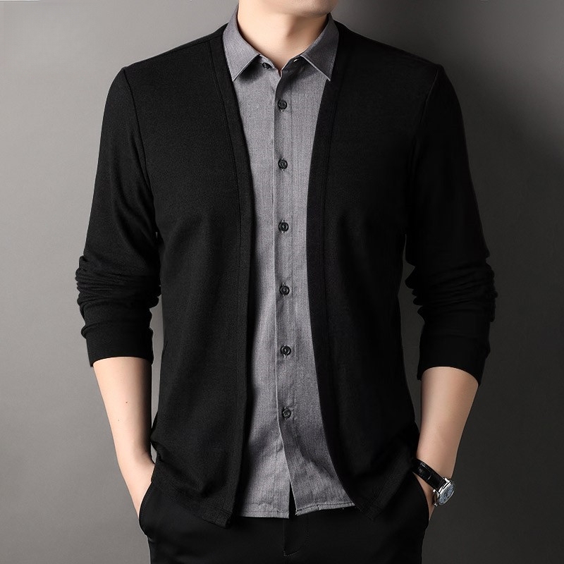 Spring and Autumn Men's Two-Piece Knit Sweater with a Turn-Down Collar, Casual Fashion Base Shirt, Men's Jacket, Cardigan