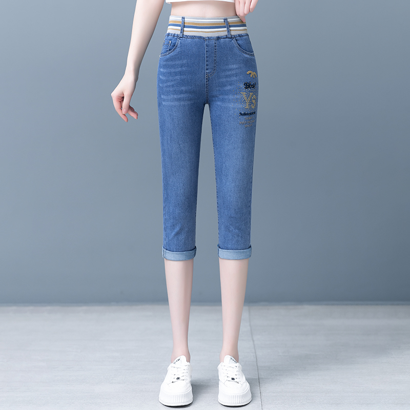 Elastic Waist Embroidered Cropped Jeans for Women 2026 Spring/Summer New Slim-Fit Stretchy Rolled Hem Thin Versatile Mid-Length Pants