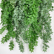 Simulation of a large bunch of hanging rattan acacia leaves green plant landscape Hanging ceiling rattan forest wedding decoration climbing vine