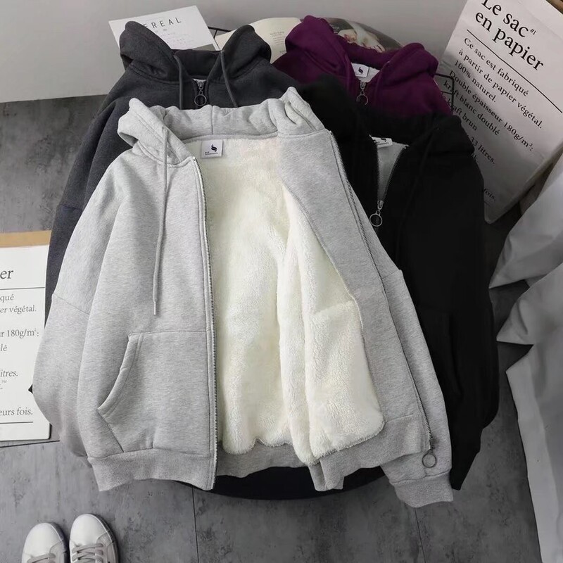 Clearance Sale Autumn and Winter Cardigan Hooded Sweatshirt for Men, Loose Casual Bf Style, Versatile Plus Size, Solid Color Fleece-Lined Jacket for Couples