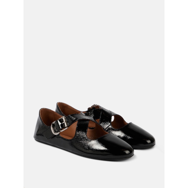 Jump Link——Ala Cross Italian Imported Black Patent Leather Cross-Strap Mary Jane Ballet Flats