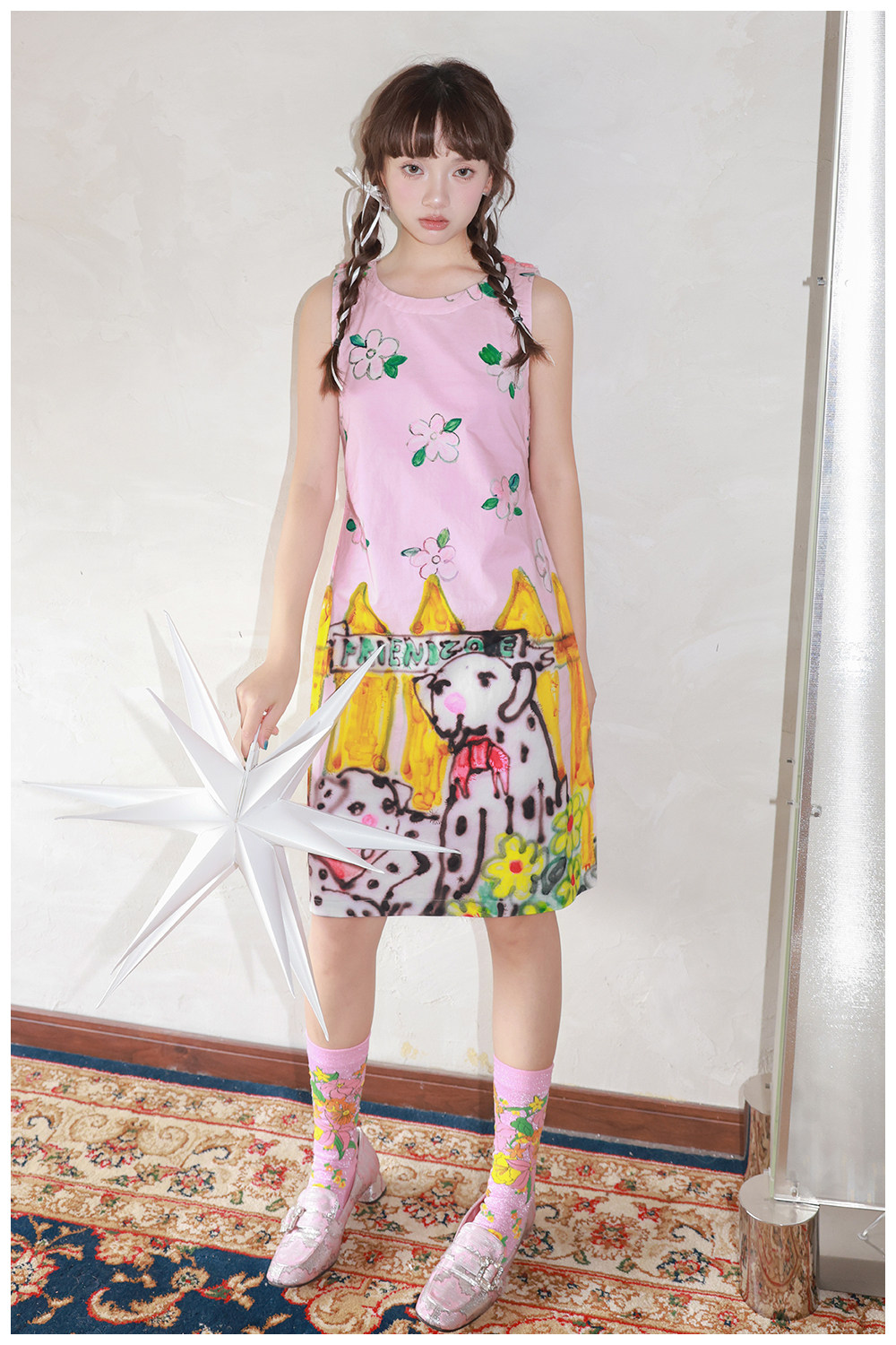 tntntutu テンテンツツ 小熊ノースリーブワンピース ピンクのダルメシアンと小花のコットンノースリーブワンピース