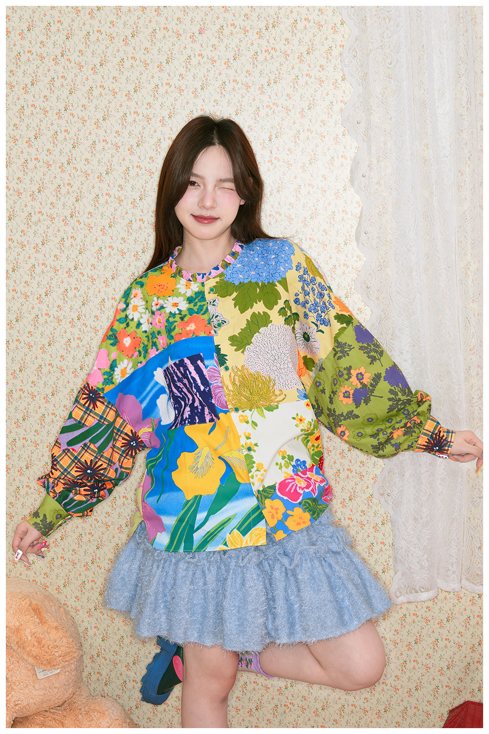 パッチワーク花柄シャツ 長袖 パッチワーク レトロな雰囲気 tntntutu