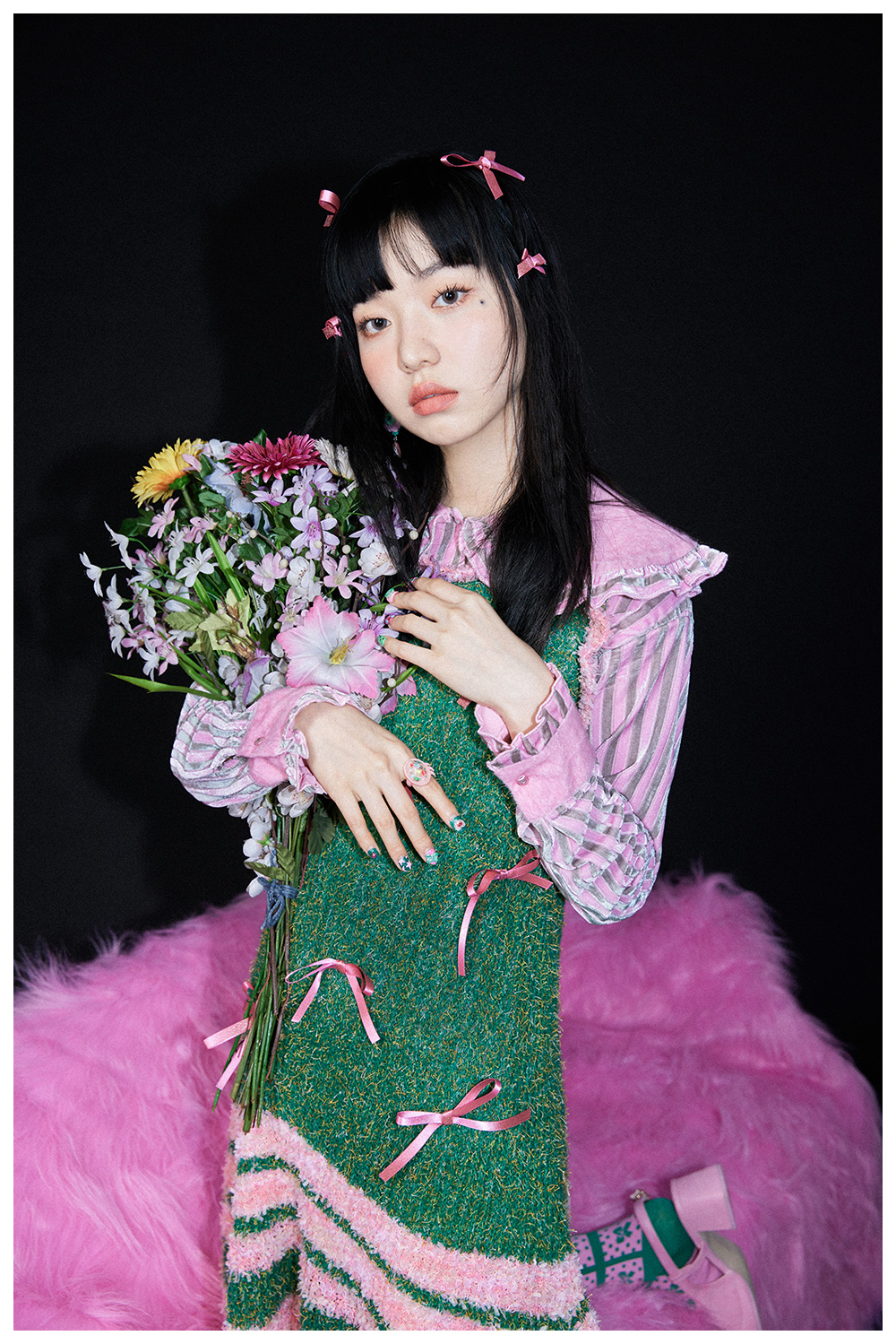 ピンクとグリーンのリボンニットワンピース - ショップ tntntutu