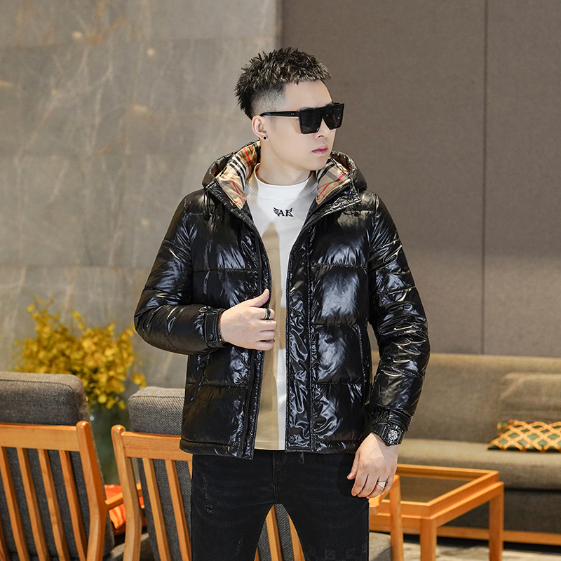 Classic Black White Duck down Glossy Hooded Casual down Jacket for Men, Trendy Autumn and Winter New Style Men's Fashionable Thick Coat