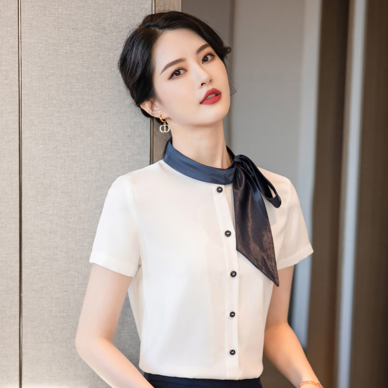Short Sleeve Butterfly Knot Shirt Woman Snowspinning Hotel Front Desk Work Dress Jewelery Beauty Salon Wellness Room Professional Cover Skirt