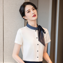 Short Sleeve Butterfly Knot Shirt Woman Snowspinning Hotel Front Desk Work Dress Jewelery Beauty Salon Wellness Room Professional Cover Skirt
