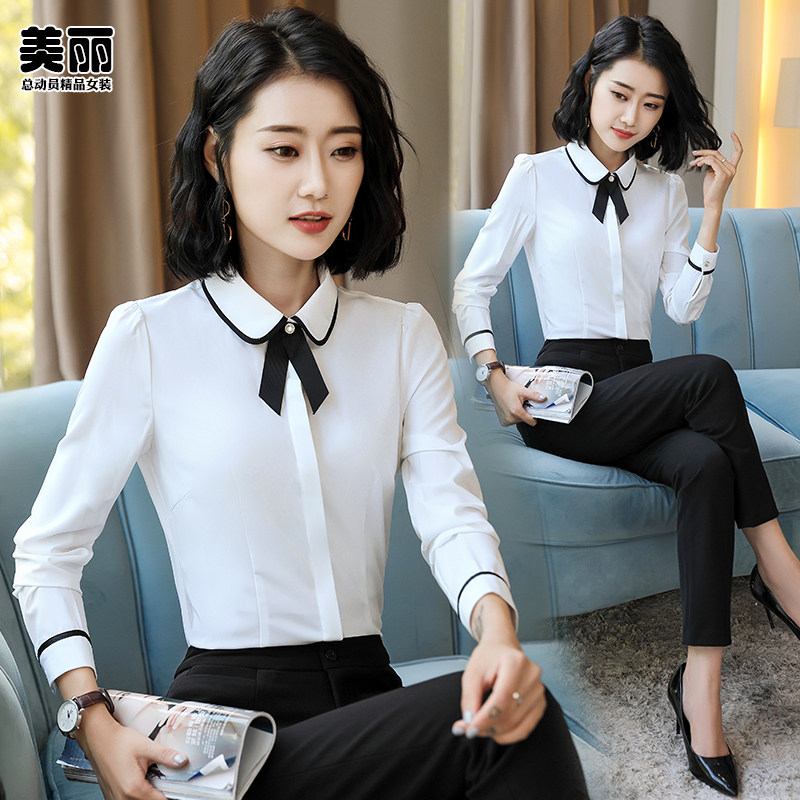 Spring and summer new long sleeve shirt female round-collar anti-exposure dark butterfly bow professional shirt clothes work clothes