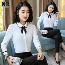  Spring new long-sleeved shirt womens contrast edge round neck anti-exposure dark buckle bow professional shirt overalls