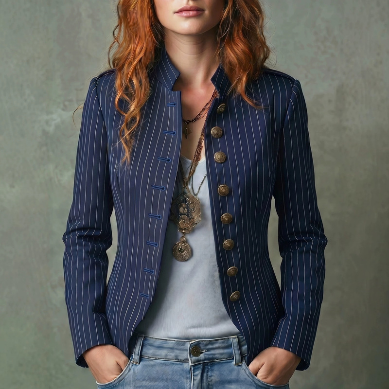 Cross-Border European and American Style Women's Blazer, Navy Blue Striped Stand Collar Single-Breasted Slim Fit Waist-Cinching Long-Sleeve Blazer Cross-Border European and American Style Women's Blazer, Navy Blue Striped Stand Collar Single-Breasted Slim Fit Waist-Cinching Long-Sleeve Blazer