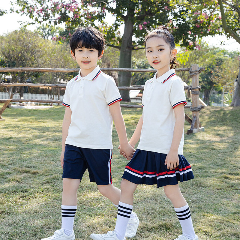 Elementary School Uniforms Suit Kindergarten Garden Clothes Summer Clothes Summer Games Events Banfu Summer Clothing White POLO Shirts