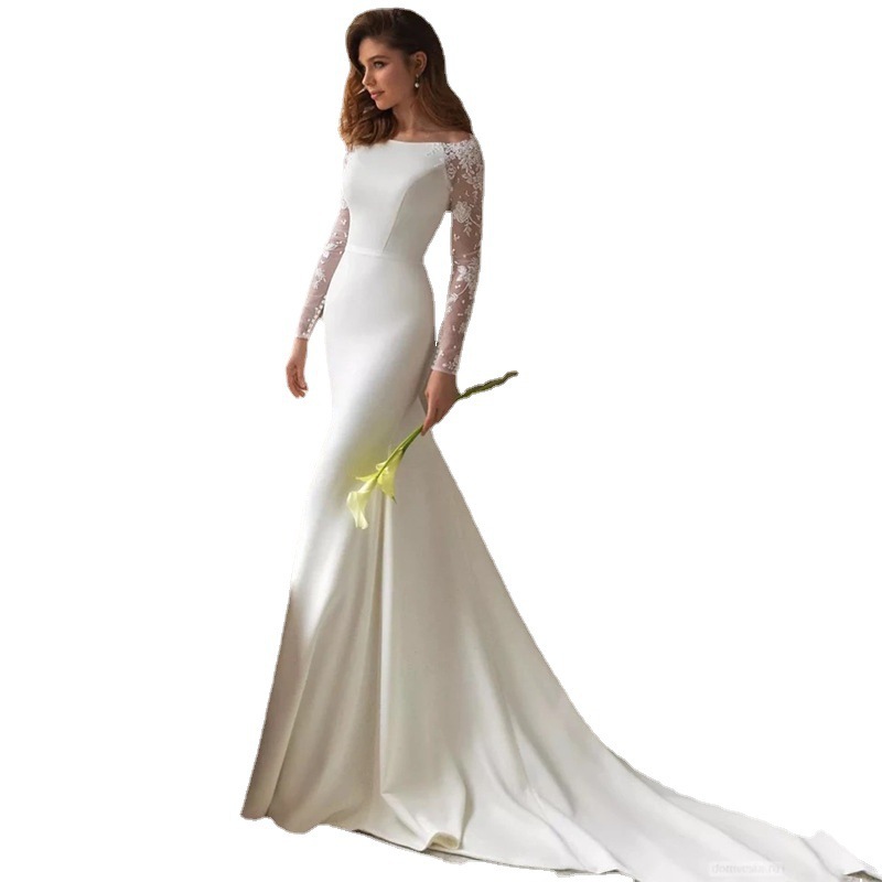 Long -sleeved wedding dress 2024 new simplicity U collar, fish tail, traveling small trailer soft yarn thin Long -sleeved wedding dress 2024 new simplicity U collar, fish tail, traveling small trailer soft yarn thin