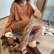 Одежда для йоги 格格套装3.0春秋睡衣女宽松长袖休闲简约韩版撞色家居服外穿