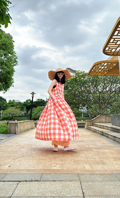 British Grapefruit Linen Plaid Vest Dress with Large Hem for Summer