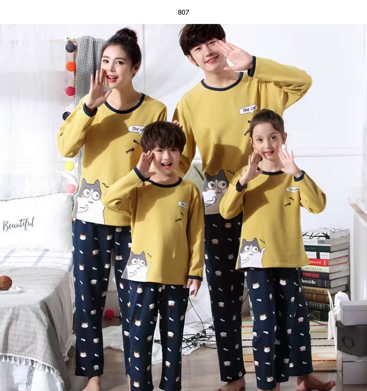 Đồ ngủ cha mẹ trẻ em mùa thu và mùa đông cotton dài tay nữ kho báu cậu bé bông mẹ cha gia đình ba phù hợp với dịch vụ nhà đồ pijama nam