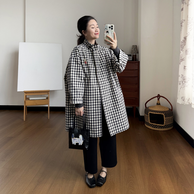 Manyi Original [Bubble Grid Mid-Length Trench Coat] Double-Layered Wrinkled Cotton Cocoon-Shaped Jacket for Women, Black and Apricot Plaid Pattern