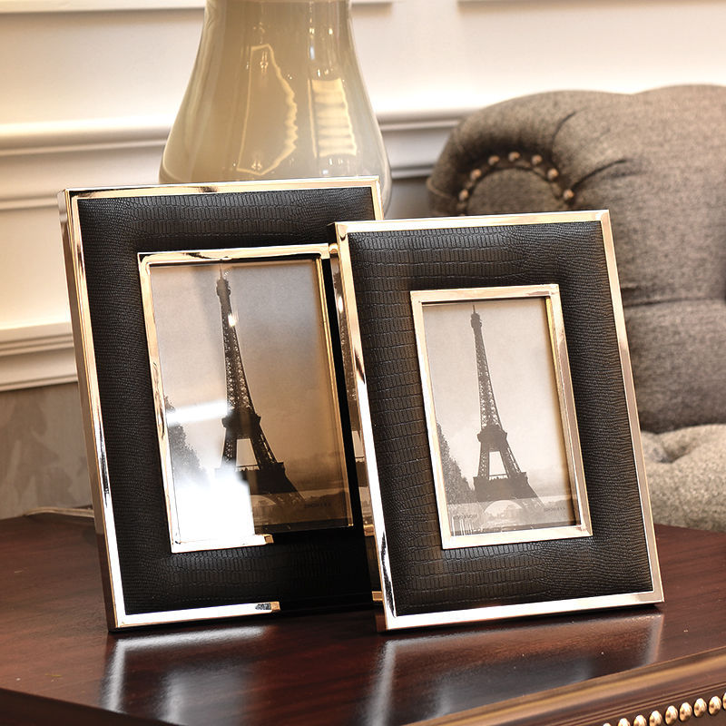 Simple Modern Black and White Leather Photo Frame Home Living Room Bedroom Study Model Room Mirror Metal Photo Frame Display Stand