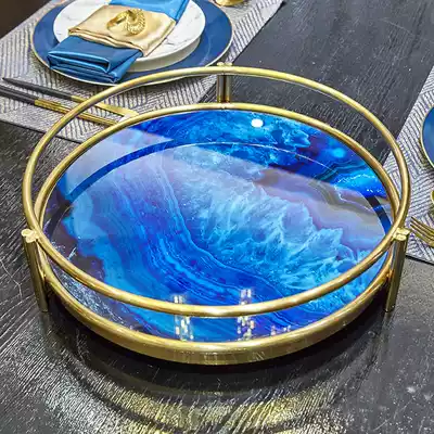 Nordic American light luxury blue agate stone pattern decorative tray European living room coffee table creative storage tray ornaments