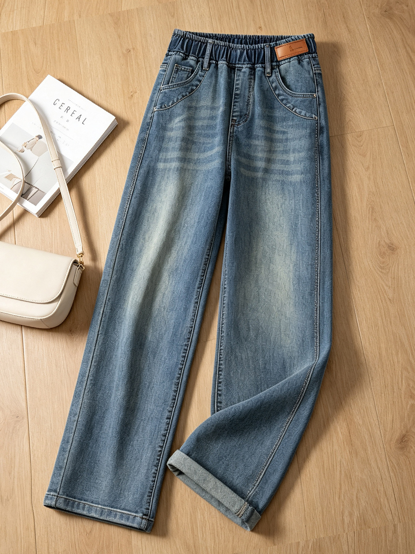 Elastic Waist Straight-Leg Jeans for Women, Plus-Size Autumn High-Waisted Pants, New Large-Size Cropped Narrow Wide-Leg Pants for Winter
