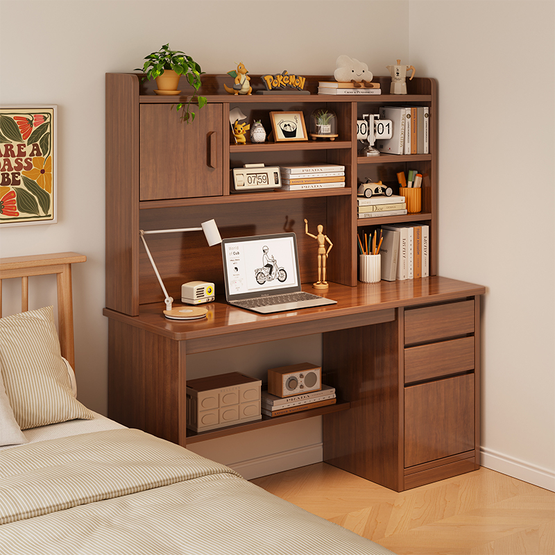 Walnut Color Computer Desk, Desk and Bookshelf Integrated Table, Bedroom Table, Student Home Writing Desk, Desktop Office Desk