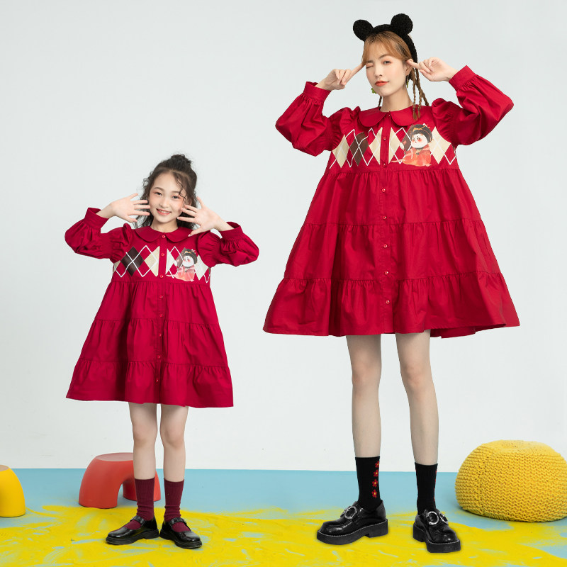 Parent-child doll collar children's long dress 2022 spring thin section girls puff sleeve red skirt mother and daughter models