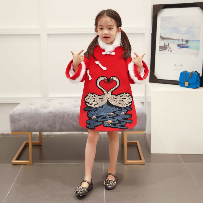 Honeysilk Sanie Original Tandem Dress 2022 Autumn Winter New China Wind Embroidered Thickened Children's Wool, Princess Skirt-Taobao
