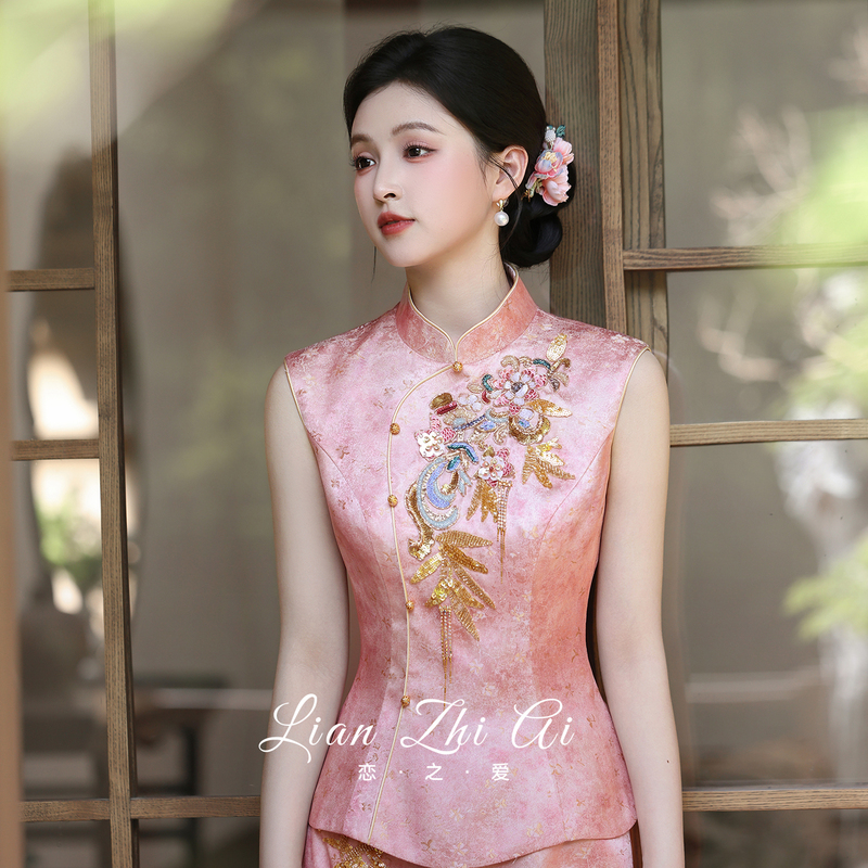 【Pink Beauty】New Chinese-Style Pink Cheongsam Set, Bridal Engagement Dress, Wedding Toast Dress, Niche Light Luxury for Women