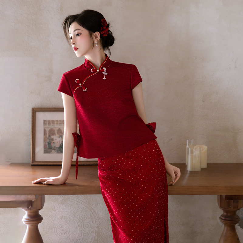 [Red Chips] Toast Wear Bridal Dressing Robe Women's New Chinese Suit Burgundy Engagement Dress Dress Women's Clothing