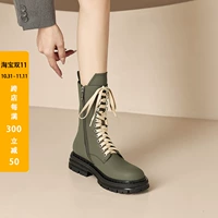 非侈 Martens, зеленые короткие сапоги со шнурками на платформе, ботинки, визуально стройнят, из натуральной кожи, круглый носок, широкий устойчивый каблук