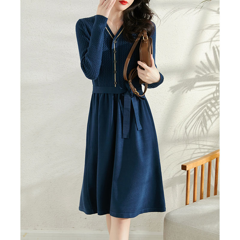 Mularsa Elegant High Waist Lacing Knit Foreign Dress Woman 2021 Autumn Winter New Temperament Long Version Big Swing Dress