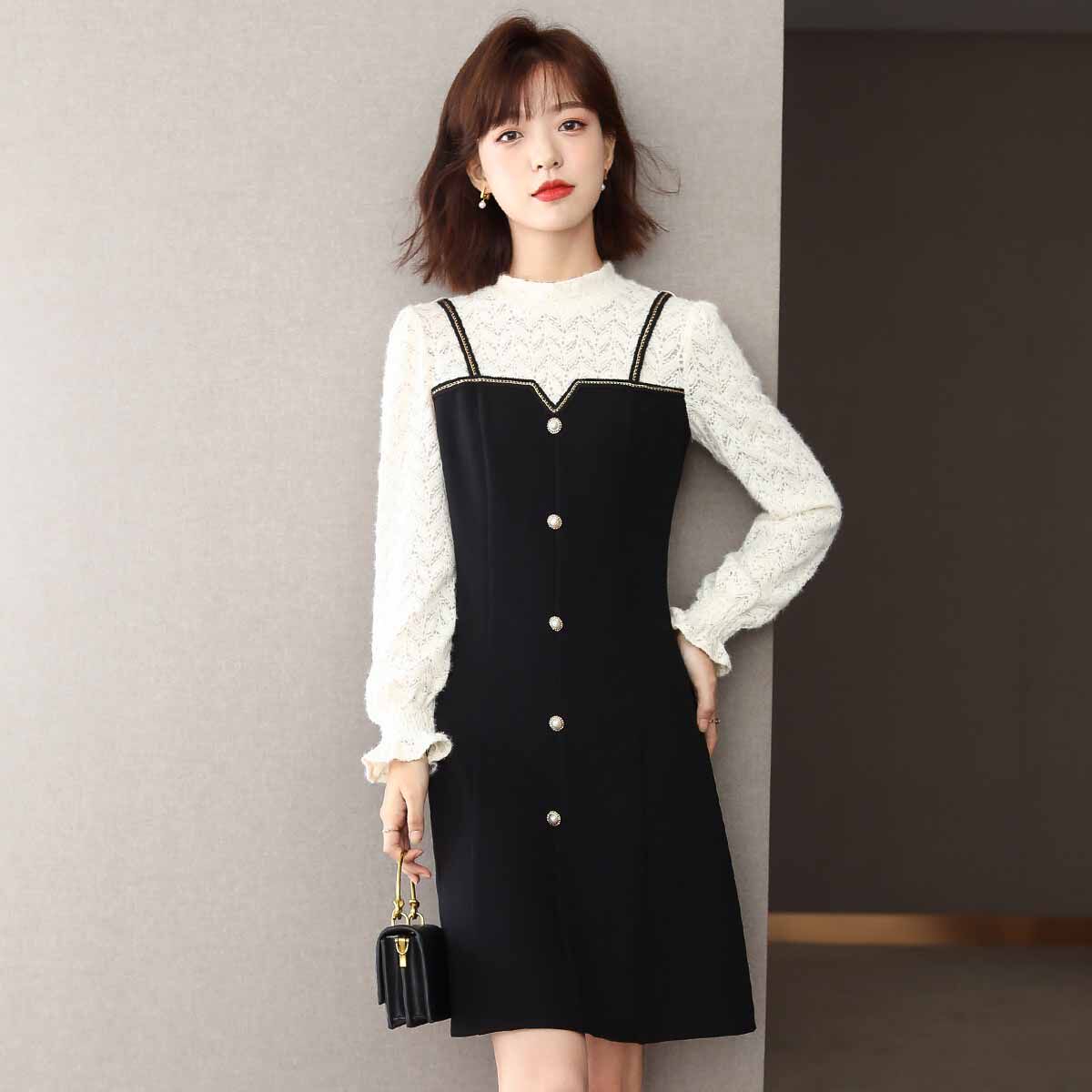 Mularsa Down Yarn Splicing Foreign Dress Women 2022 Spring New Closets Slim Round Collar Long Sleeve Little Black Dress