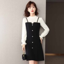 Mularsa down yarn splicing one-piece dress Women 2022 spring new cashies slim round collar Long sleeves small black dress
