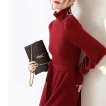 Mularsa Method High Collar Knit Dress Dress Woman 2022 Early Spring New High Waist Display Slim Red Lace Long Dress